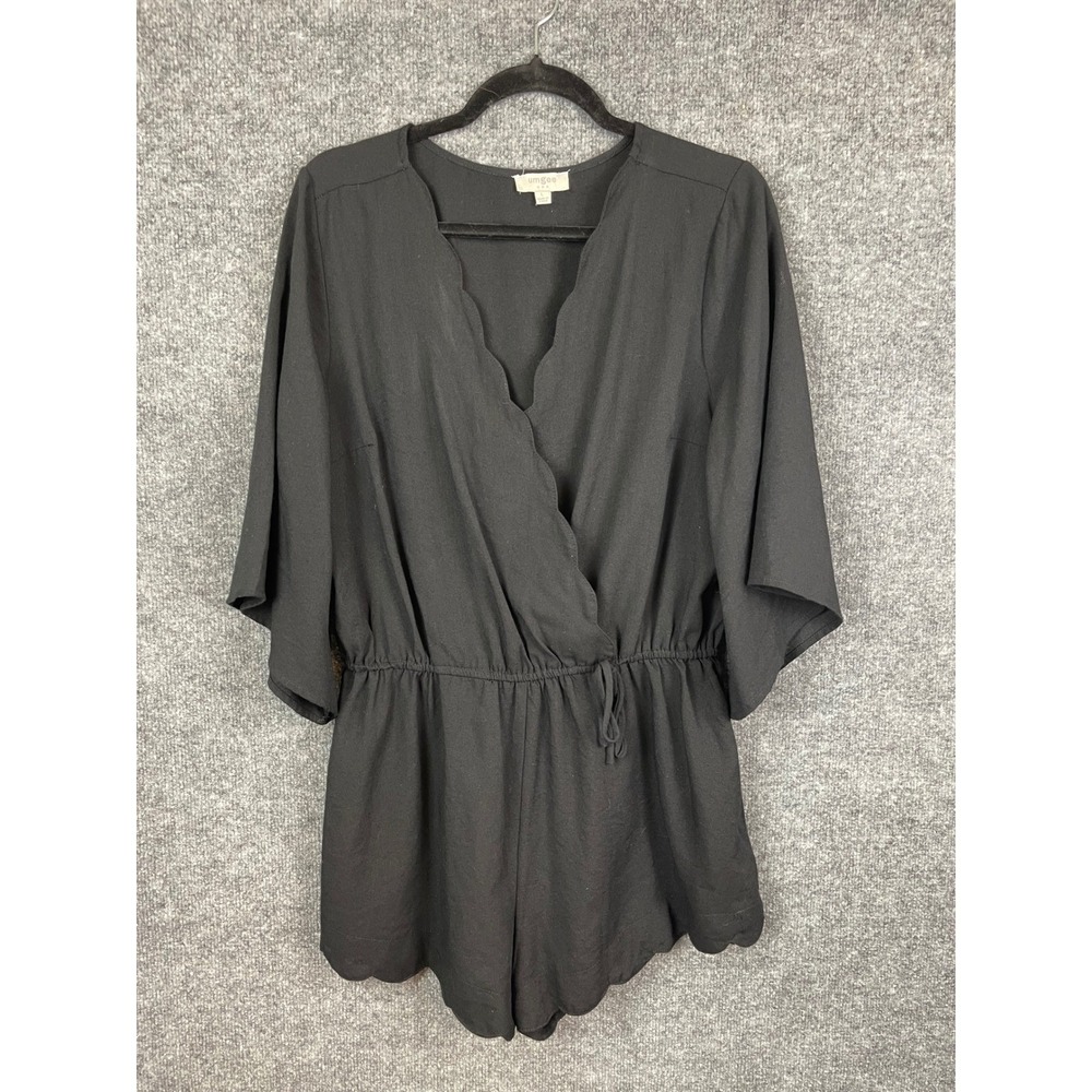 Umgee Romper Women Large Black Scalloped Wrap V-Neck Kimono Sleeve